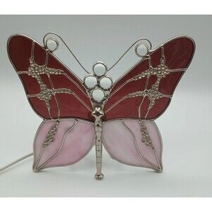 Stained Glass Purple & Pink Butterfly Night Light 7"x8" Silver Accents H6